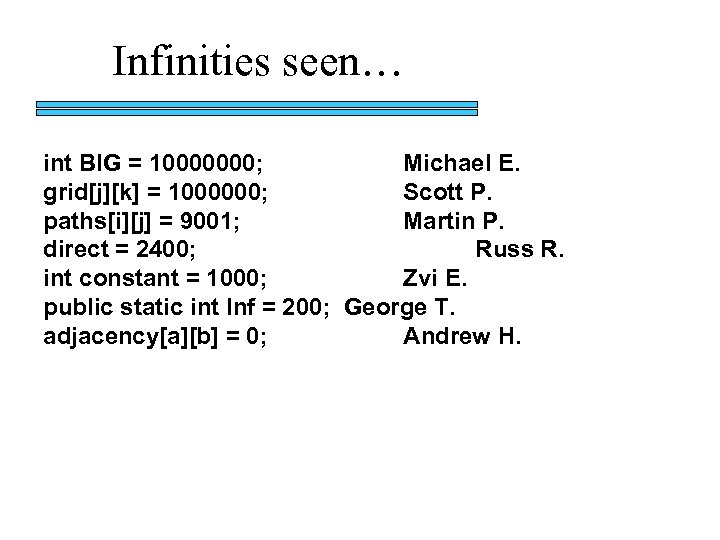 Infinities seen… int BIG = 10000000; Michael E. grid[j][k] = 1000000; Scott P. paths[i][j]