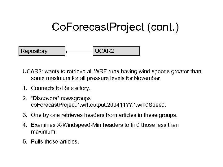 Co. Forecast. Project (cont. ) Repository UCAR 2: wants to retrieve all WRF runs