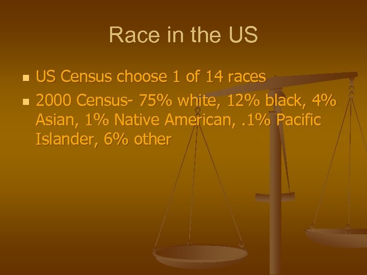 Race in the US n n US Census choose 1 of 14 races 2000