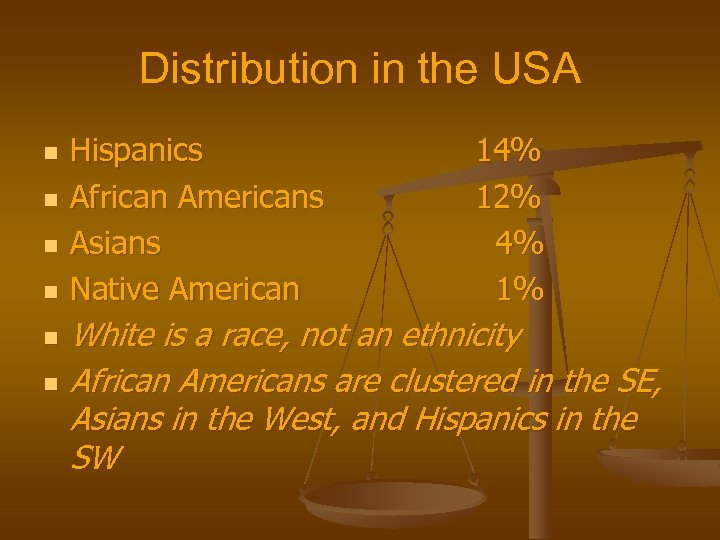 Distribution in the USA n n n Hispanics African Americans Asians Native American 14%