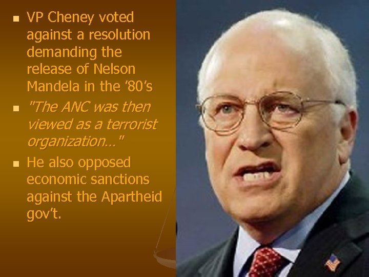 n n n VP Cheney voted against a resolution demanding the release of Nelson