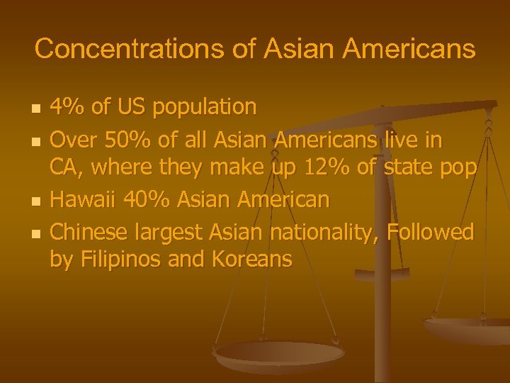 Concentrations of Asian Americans n n 4% of US population Over 50% of all