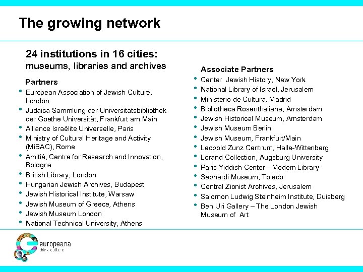 The growing network 24 institutions in 16 cities: museums, libraries and archives Partners •