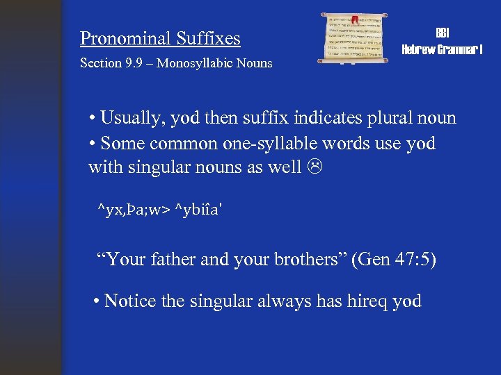 Pronominal Suffixes Section 9. 9 – Monosyllabic Nouns BBI Hebrew Grammar I • Usually,