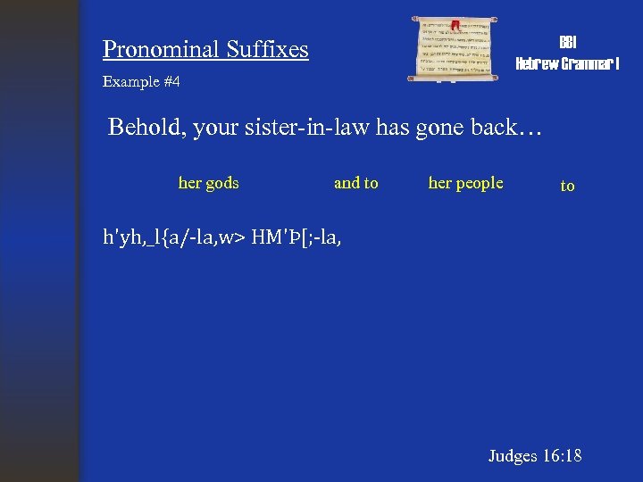 BBI Hebrew Grammar I Pronominal Suffixes Example #4 Behold, your sister-in-law has gone back…