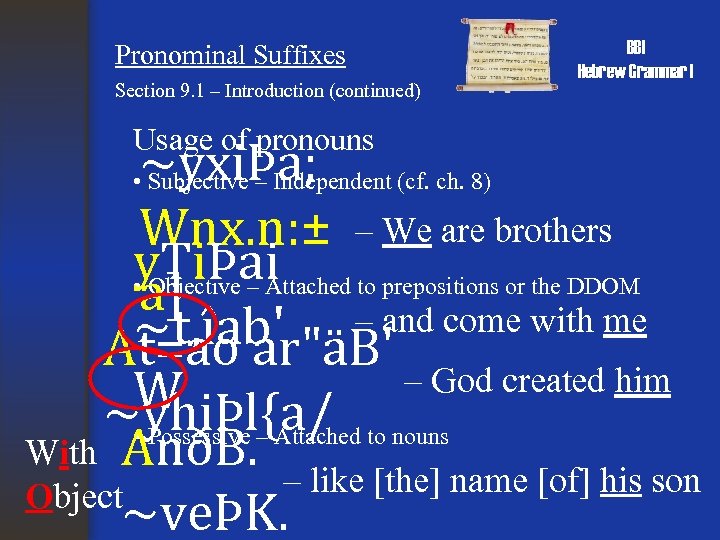 Pronominal Suffixes Section 9. 1 – Introduction (continued) Usage of pronouns BBI Hebrew Grammar