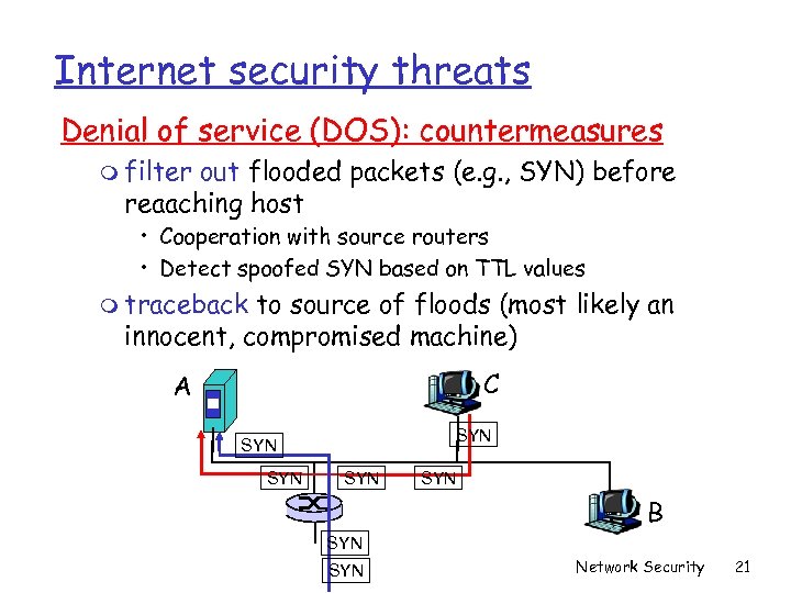 Internet security threats Denial of service (DOS): countermeasures m filter out flooded packets (e.
