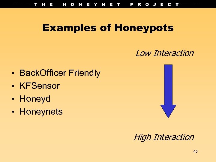 Examples of Honeypots Low Interaction • • Back. Officer Friendly KFSensor Honeyd Honeynets High