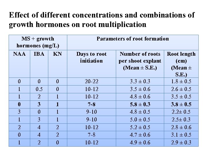 Effect of different concentrations and combinations of growth hormones on root multiplication MS +