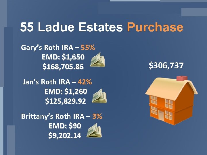 55 Ladue Estates Purchase Gary’s Roth IRA – 55% EMD: $1, 650 $168, 705.
