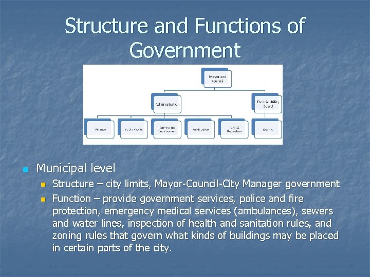 Structure and Functions of Government n Municipal level n n Structure – city limits,