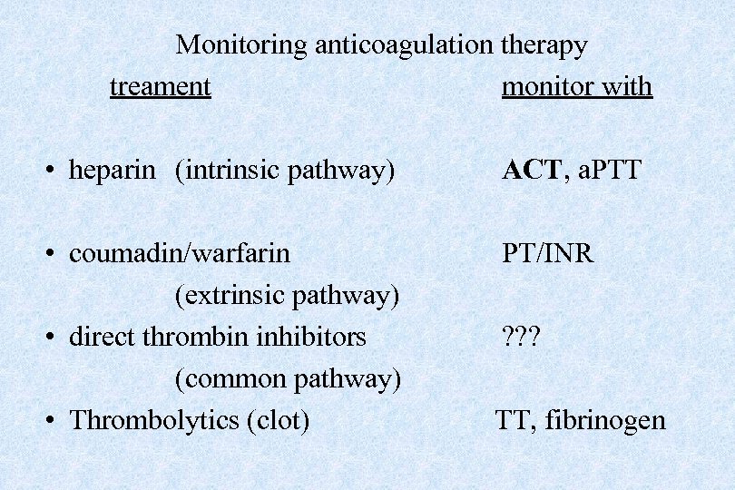 Monitoring anticoagulation therapy treament monitor with • heparin (intrinsic pathway) ACT, a. PTT •