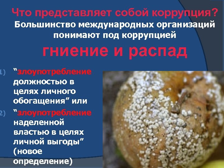 Что представляет собой коррупция? Большинство международных организаций понимают под коррупцией гниение и распад “злоупотребление