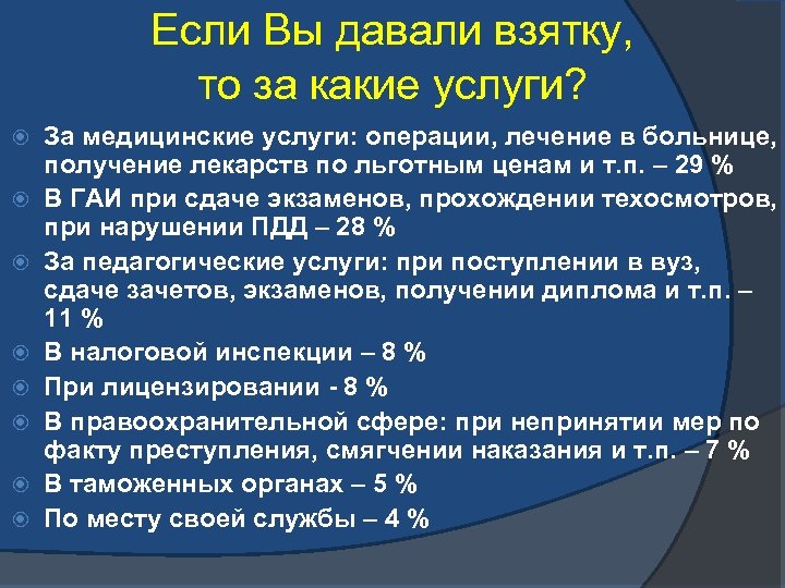 Если Вы давали взятку, то за какие услуги? За медицинские услуги: операции, лечение в
