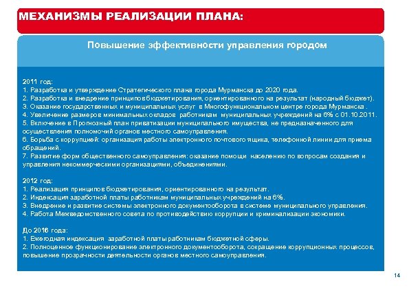 МЕХАНИЗМЫ РЕАЛИЗАЦИИ ПЛАНА: Повышение эффективности управления городом 2011 год: 1. Разработка и утверждение Стратегического