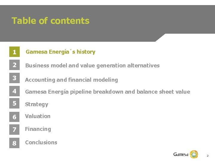 Table of contents 1 Gamesa Energía´s history 2 Business model and value generation alternatives