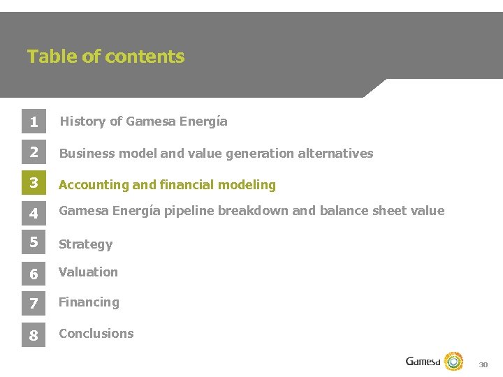 Table of contents 1 History of Gamesa Energía 2 Business model and value generation