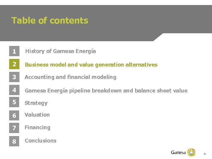 Table of contents 1 History of Gamesa Energía 2 Business model and value generation