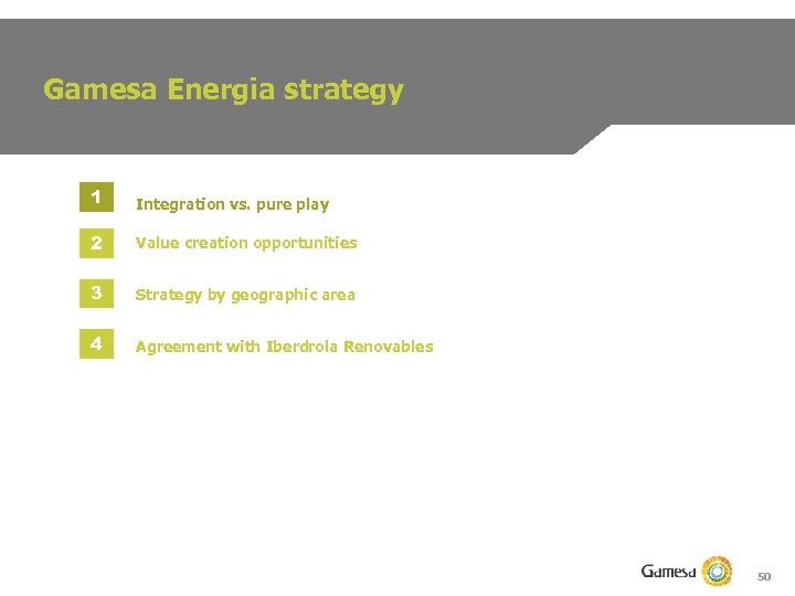 Gamesa Energia strategy 1 Integration vs. pure play 2 Value creation opportunities 3 Strategy