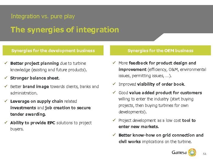 Integration vs. pure play The synergies of integration Synergies for the development business ü