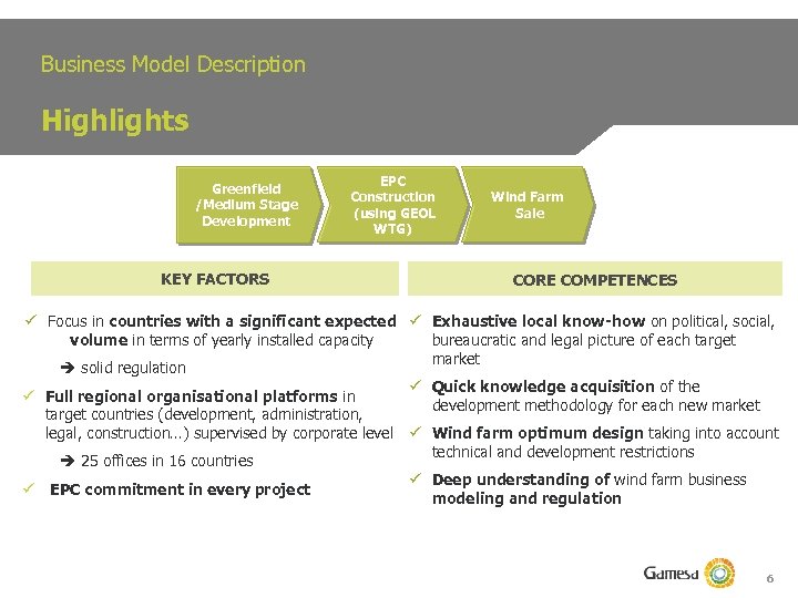 Business Model Description Highlights Greenfield /Medium Stage Development KEY FACTORS EPC Construction (using GEOL