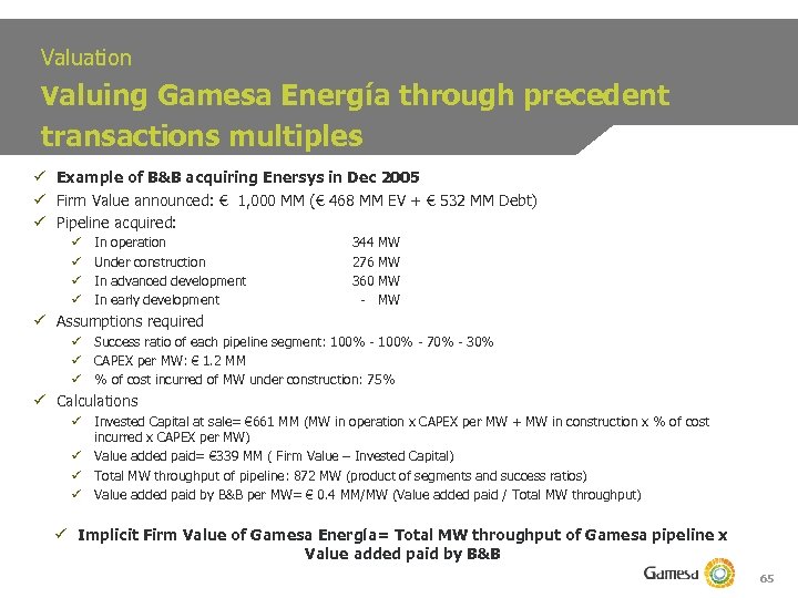 Valuation Valuing Gamesa Energía through precedent transactions multiples ü Example of B&B acquiring Enersys