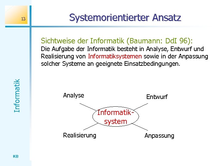 13 Systemorientierter Ansatz Sichtweise der Informatik (Baumann: Dd. I 96): Informatik Die Aufgabe der