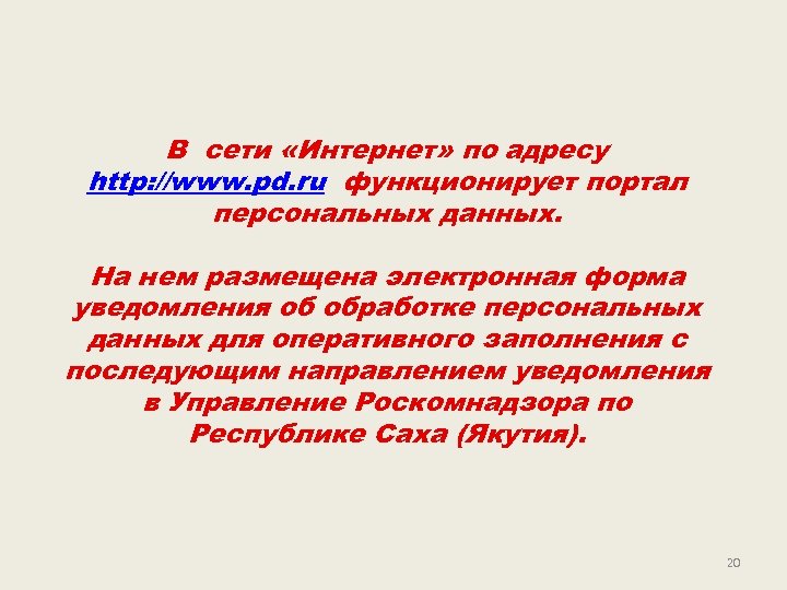 В сети «Интернет» по адресу http: //www. pd. ru функционирует портал персональных данных. На