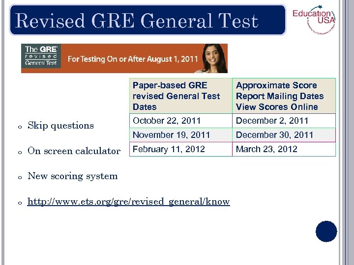 Revised GRE General Test Paper-based GRE revised General Test Dates Approximate Score Report Mailing