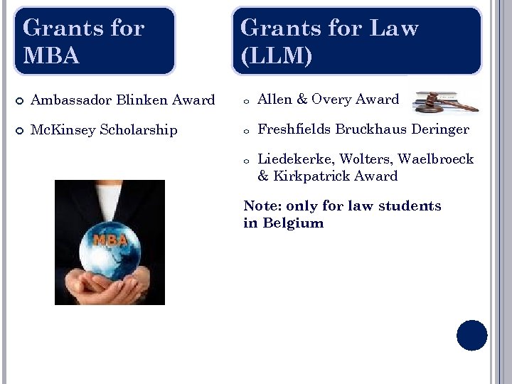 Grants for MBA Grants for Law (LLM) Ambassador Blinken Award o Allen & Overy