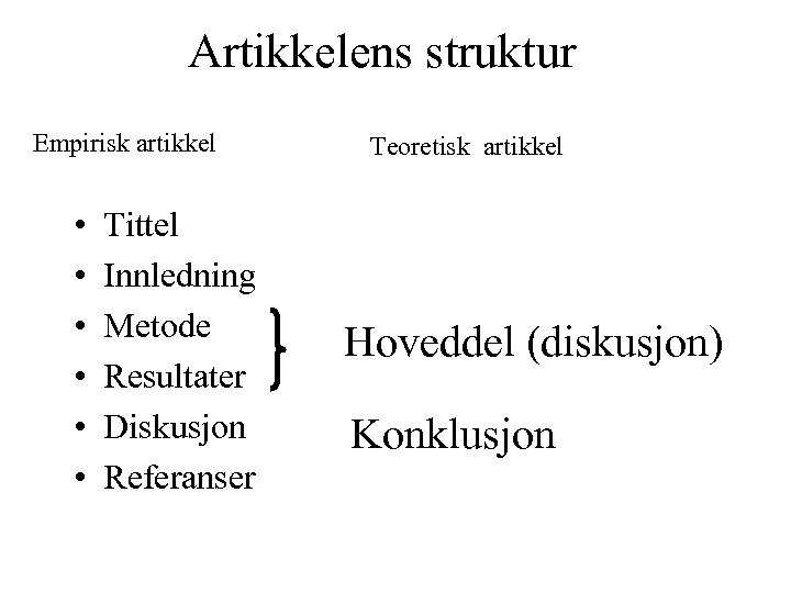 Artikkelens struktur Empirisk artikkel • • • Tittel Innledning Metode Resultater Diskusjon Referanser Teoretisk