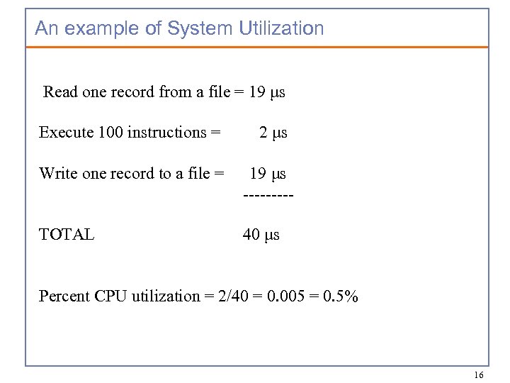 An example of System Utilization Read one record from a file = 19 μs