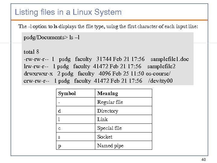Listing files in a Linux System The -l option to ls displays the file