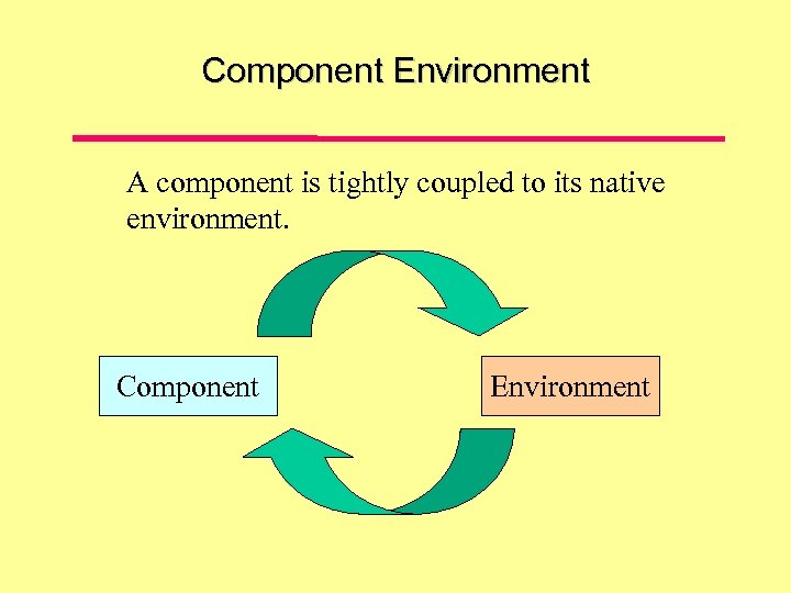 Component Environment A component is tightly coupled to its native environment. Component Environment 