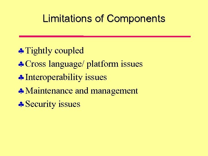 Limitations of Components Tightly coupled Cross language/ platform issues Interoperability issues Maintenance and management