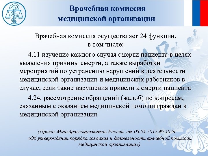 Врачебная комиссия медицинской организации Врачебная комиссия осуществляет 24 функции, в том числе: 4. 11