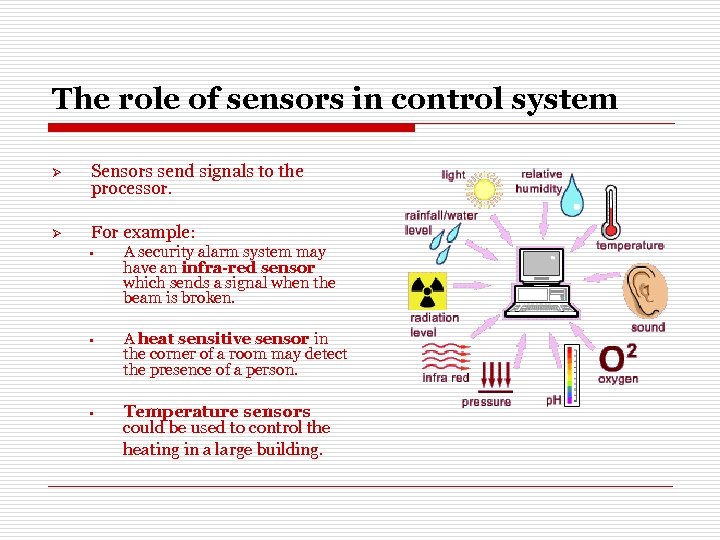The role of sensors in control system Ø Sensors send signals to the processor.