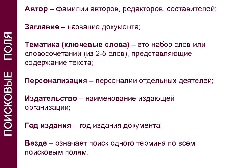 Автор – фамилии авторов, редакторов, составителей; ПОИСКОВЫЕ ПОЛЯ Заглавие – название документа; Тематика (ключевые