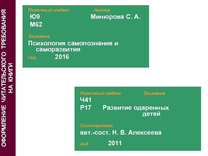ОФОРМЛЕНИЕ ЧИТАТЕЛЬСКОГО ТРЕБОВАНИЯ НА КНИГИ Полочный индекс Автор Ю 9 М 62 Минюрова С.
