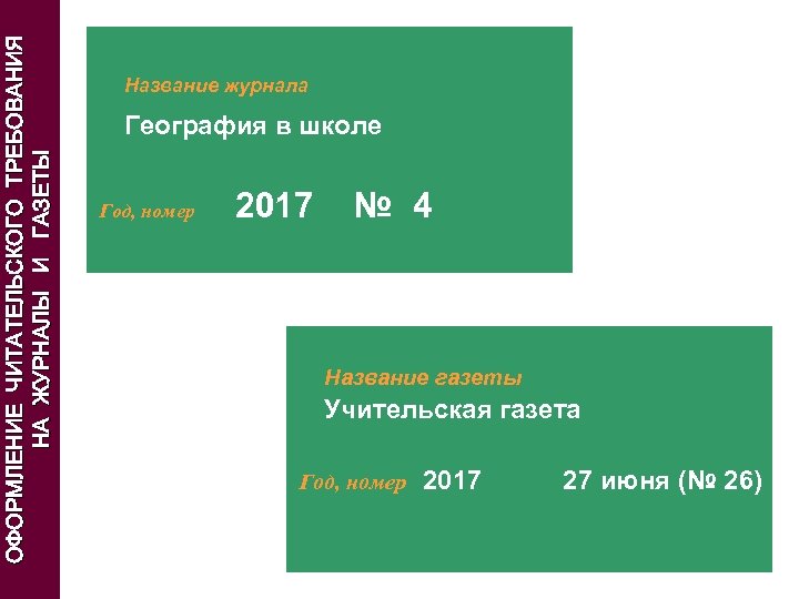 ОФОРМЛЕНИЕ ЧИТАТЕЛЬСКОГО ТРЕБОВАНИЯ НА ЖУРНАЛЫ И ГАЗЕТЫ Название журнала География в школе Год, номер