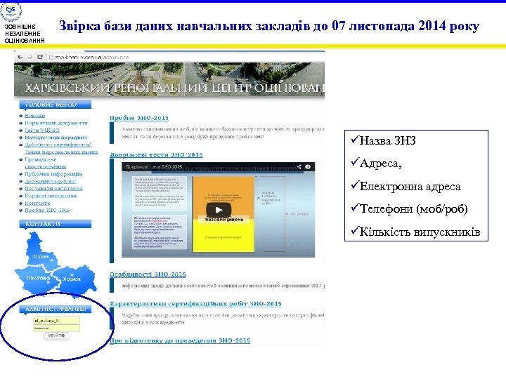 ЗОВНІШНЄ НЕЗАЛЕЖНЕ ОЦІНЮВАННЯ Звірка бази даних навчальних закладів до 07 листопада 2014 року üНазва
