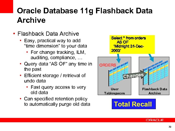 Oracle Database 11 g Flashback Data Archive • Easy, practical way to add “time