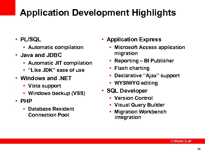 Application Development Highlights • PL/SQL • Automatic compilation • Java and JDBC • Automatic