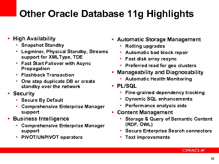 Other Oracle Database 11 g Highlights • High Availability • Automatic Storage Management •