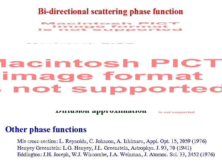 Bi-directional scattering phase function Diffusion approximation Other phase functions Mie cross-section: L. Reynolds, C.