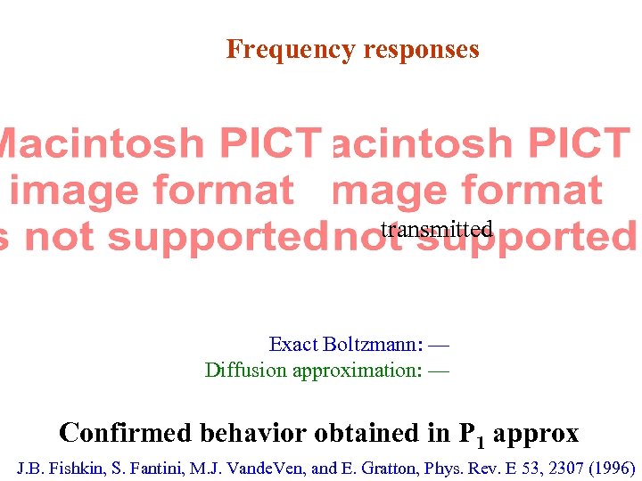 Frequency responses reflected transmitted Exact Boltzmann: — Diffusion approximation: — Confirmed behavior obtained in
