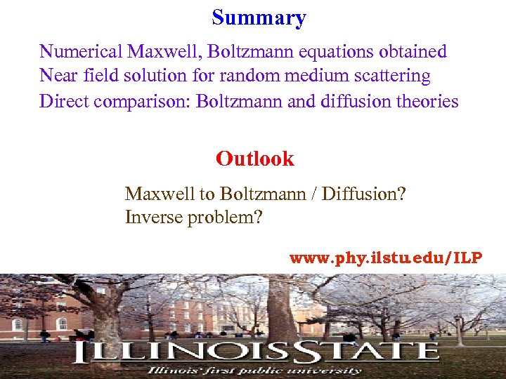 Summary Numerical Maxwell, Boltzmann equations obtained Near field solution for random medium scattering Direct
