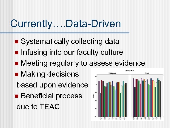Currently…. Data-Driven Systematically collecting data n Infusing into our faculty culture n Meeting regularly