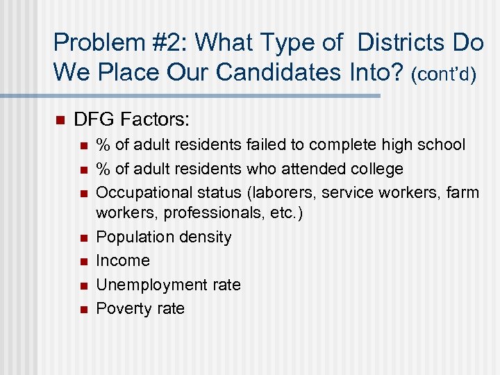 Problem #2: What Type of Districts Do We Place Our Candidates Into? (cont’d) n