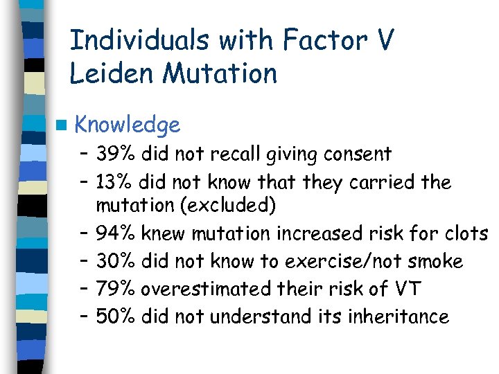 Individuals with Factor V Leiden Mutation n Knowledge – 39% did not recall giving